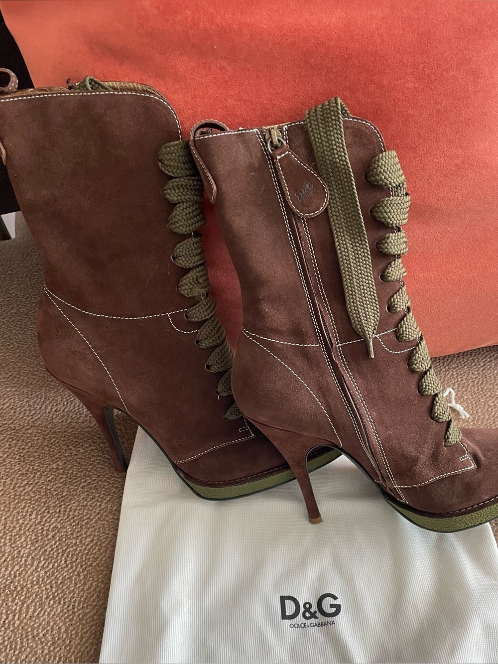 D&G Brown Suede Lace-Up Stiletto Ankle Boots with Olive Laces, Brand New